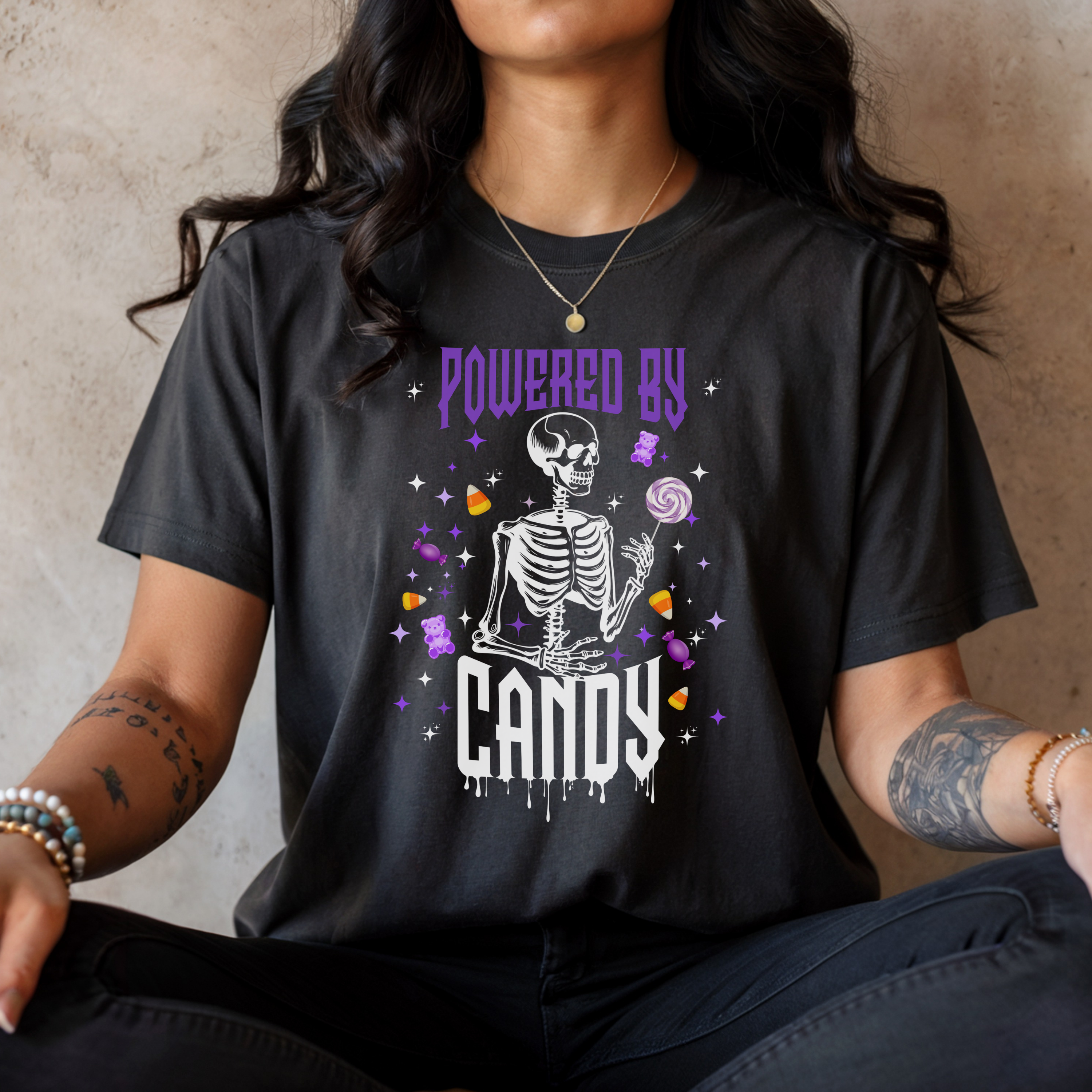 "Powered By Candy" Skeleton Halloween Graphic Tee