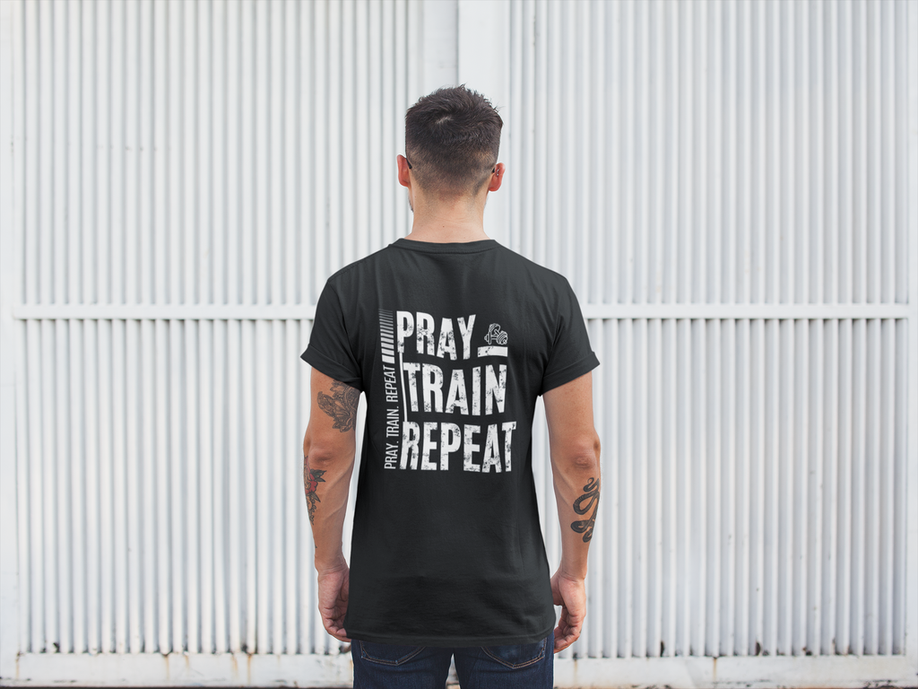 Pray Train Repeat Tee – Faith Meets Fitness Motivation