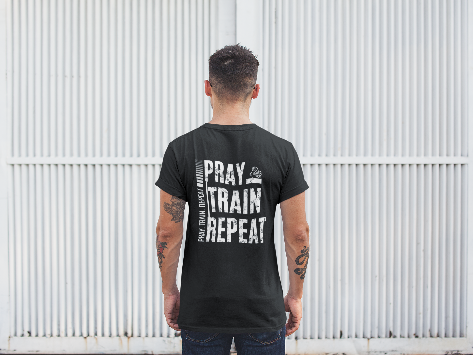 Pray Train Repeat Tee – Faith Meets Fitness Motivation