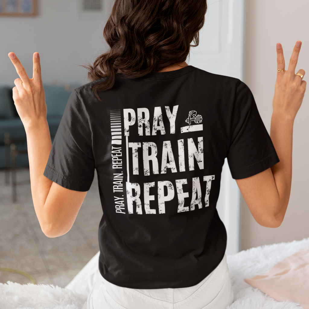Pray Train Repeat Tee – Faith Meets Fitness Motivation