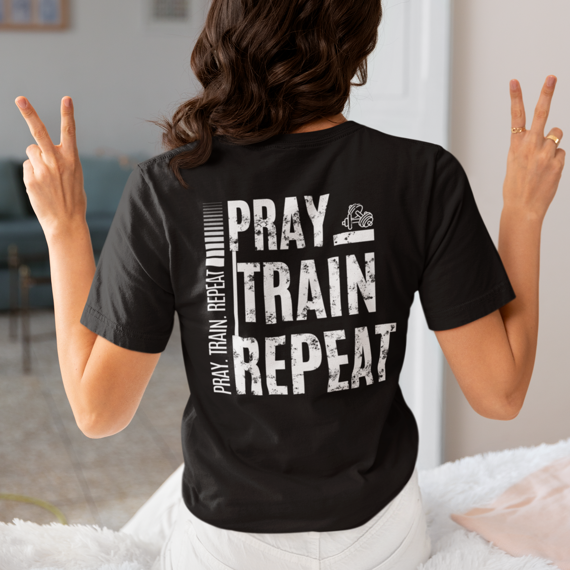 Pray Train Repeat Tee – Faith Meets Fitness Motivation