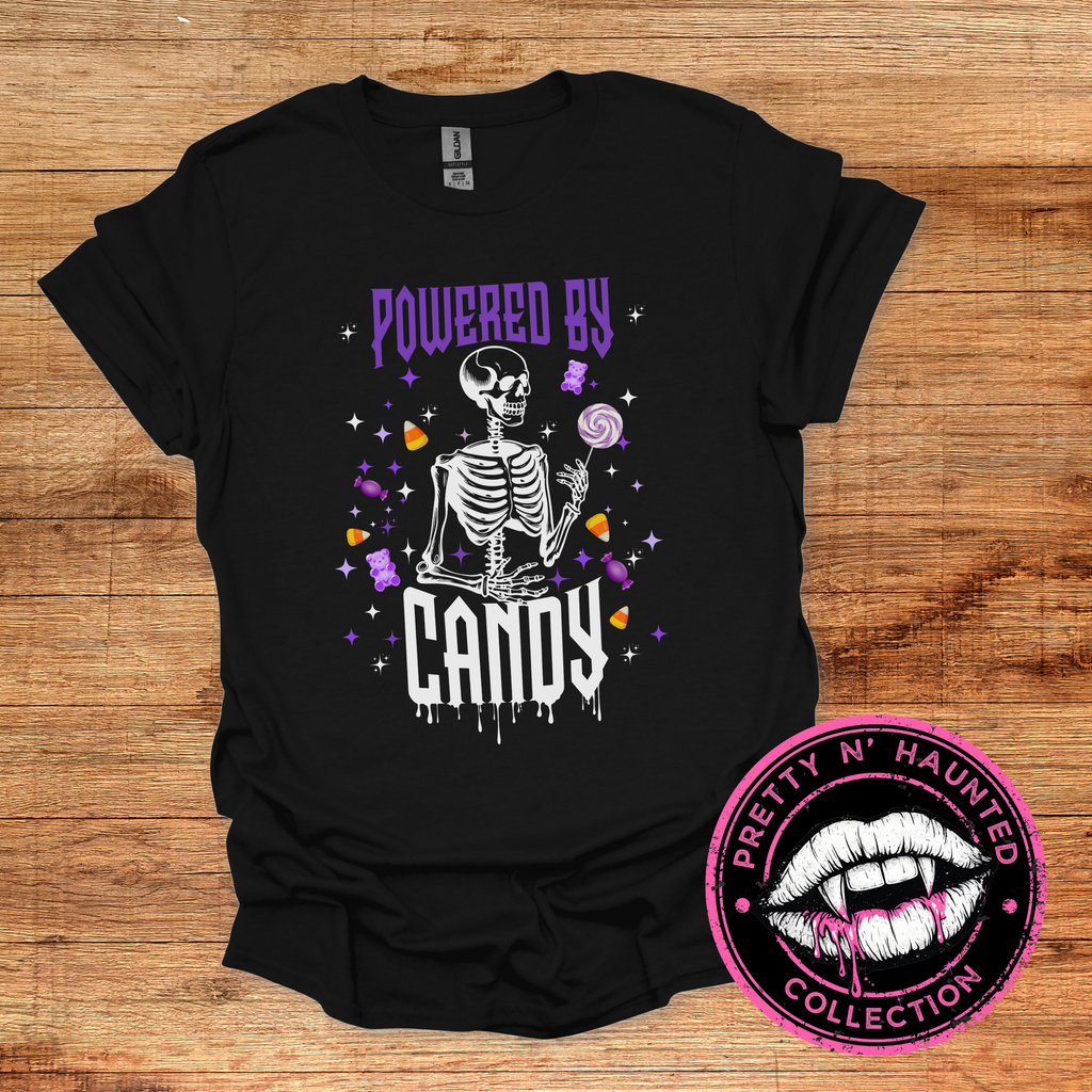 "Powered By Candy" Skeleton Halloween Graphic Tee
